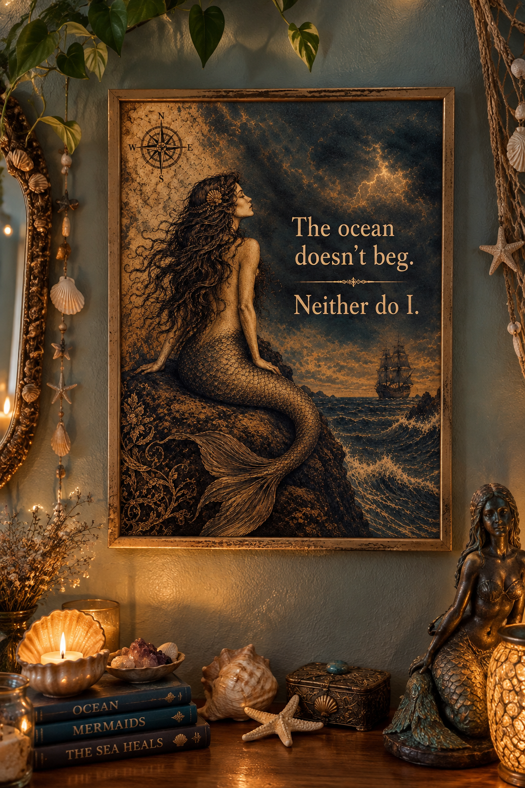 Vintage Mermaid Wall Art Print – Dark Ocean Siren Poster, Gothic Nautical Decor, Mermaidcore Wall Art, Vintage Sea Artwork