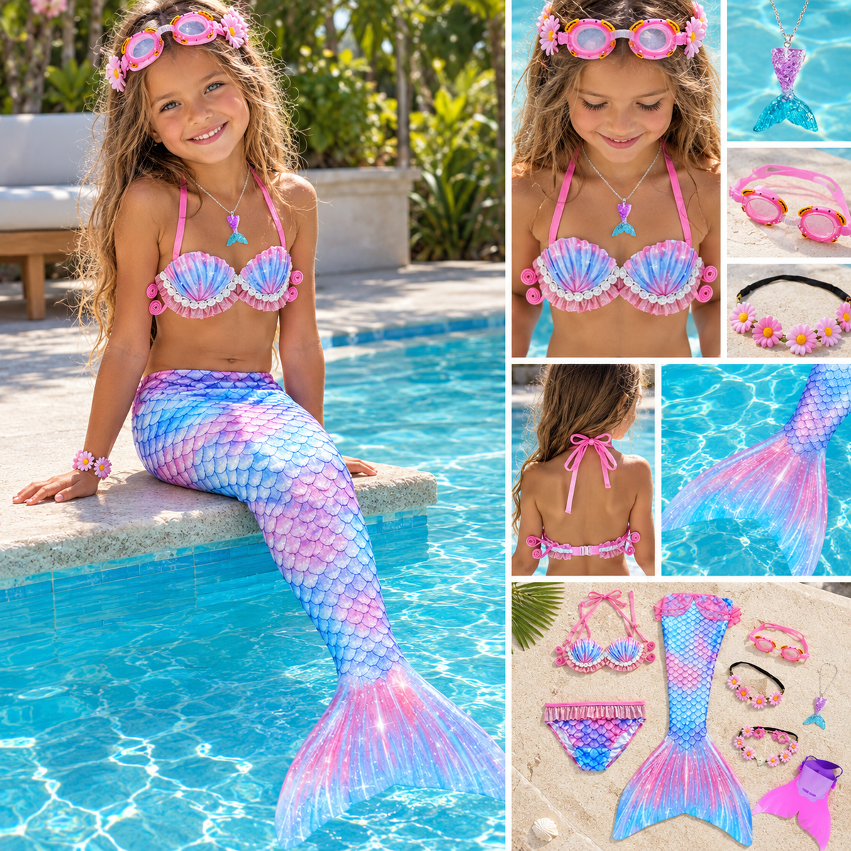 Girls Swimming Mermaid Tail Little Mermaid Costume Halloween Cosplay Swimsuit Bikini Set for Girls With Monofin Fin
