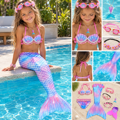 Girls Swimming Mermaid Tail Little Mermaid Costume Halloween Cosplay Swimsuit Bikini Set for Girls With Monofin Fin