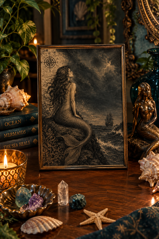 Vintage Mermaid Wall Art Print – Dark Ocean Siren Poster, Gothic Nautical Decor, Mermaidcore Wall Art, Vintage Sea Artwork
