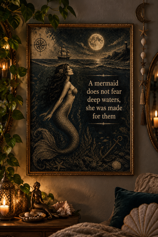 Vintage Mermaid Wall Art Print – Dark Ocean Siren Poster, Gothic Nautical Decor, Mermaidcore Wall Art, Vintage Sea Artwork (Copy 9)