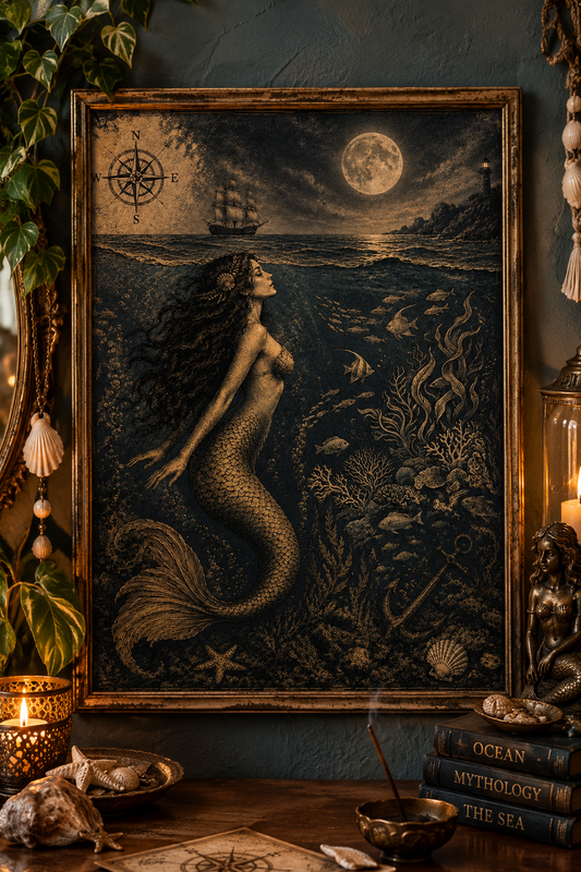 Vintage Mermaid Wall Art Print – Dark Ocean Siren Poster, Gothic Nautical Decor, Mermaidcore Wall Art, Vintage Sea Artwork (Copy)