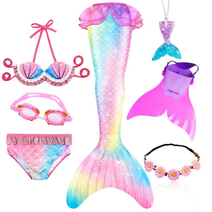 Girls Swimming Mermaid Tail Little Mermaid Costume Halloween Cosplay Swimsuit Bikini Set for Girls With Monofin Fin