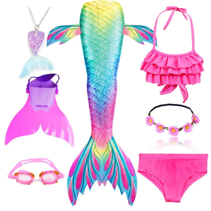 Girls Swimming Mermaid Tail Little Mermaid Costume Halloween Cosplay Swimsuit Bikini Set for Girls With Monofin Fin