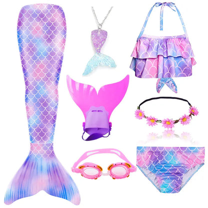 Girls Swimming Mermaid Tail Little Mermaid Costume Halloween Cosplay Swimsuit Bikini Set for Girls With Monofin Fin