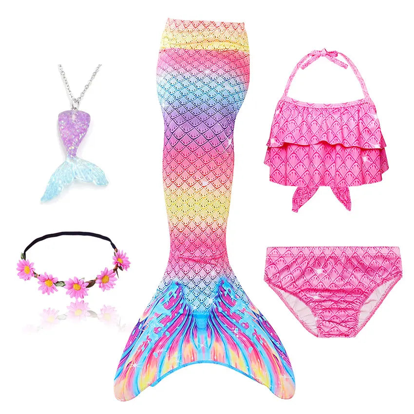 Girls Swimming Mermaid Tail Little Mermaid Costume Halloween Cosplay Swimsuit Bikini Set for Girls With Monofin Fin