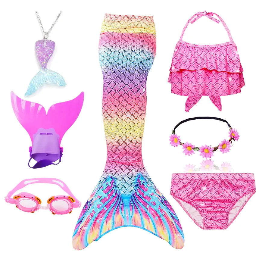 Girls Swimming Mermaid Tail Little Mermaid Costume Halloween Cosplay Swimsuit Bikini Set for Girls With Monofin Fin