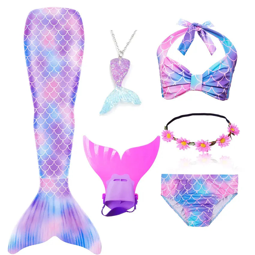 Girls Swimming Mermaid Tail Little Mermaid Costume Halloween Cosplay Swimsuit Bikini Set for Girls With Monofin Fin