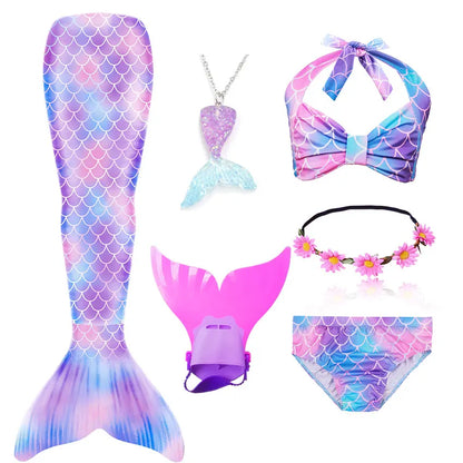 Girls Swimming Mermaid Tail Little Mermaid Costume Halloween Cosplay Swimsuit Bikini Set for Girls With Monofin Fin