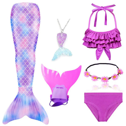Girls Swimming Mermaid Tail Little Mermaid Costume Halloween Cosplay Swimsuit Bikini Set for Girls With Monofin Fin