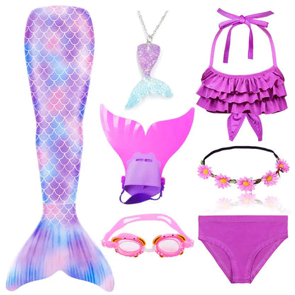 Girls Swimming Mermaid Tail Little Mermaid Costume Halloween Cosplay Swimsuit Bikini Set for Girls With Monofin Fin