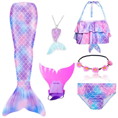 Girls Swimming Mermaid Tail Little Mermaid Costume Halloween Cosplay Swimsuit Bikini Set for Girls With Monofin Fin