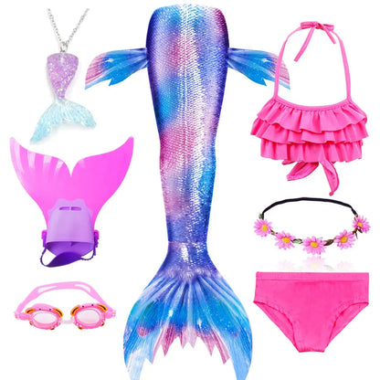 Girls Swimming Mermaid Tail Little Mermaid Costume Halloween Cosplay Swimsuit Bikini Set for Girls With Monofin Fin