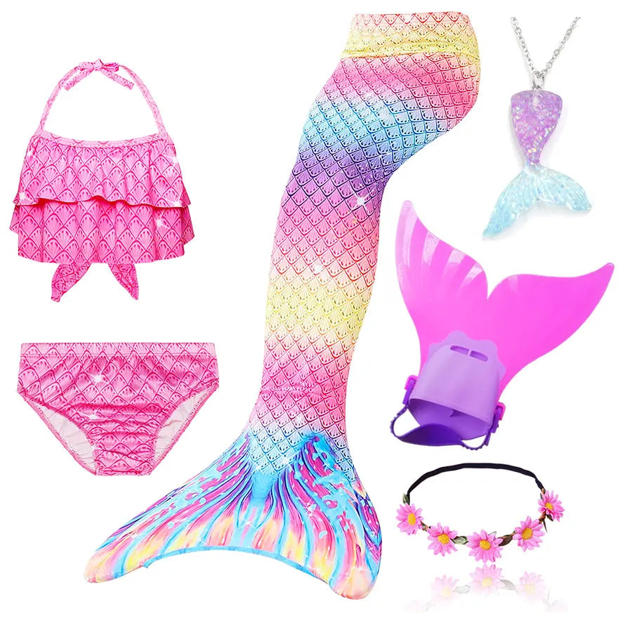 Girls Swimming Mermaid Tail Little Mermaid Costume Halloween Cosplay Swimsuit Bikini Set for Girls With Monofin Fin