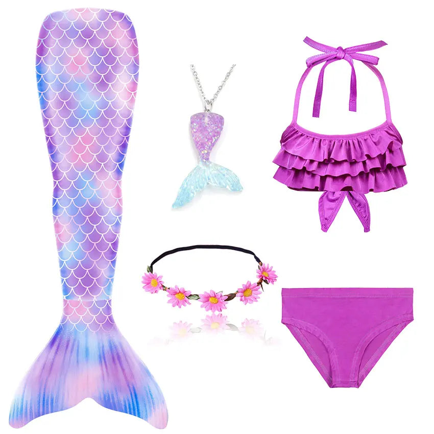 Girls Swimming Mermaid Tail Little Mermaid Costume Halloween Cosplay Swimsuit Bikini Set for Girls With Monofin Fin