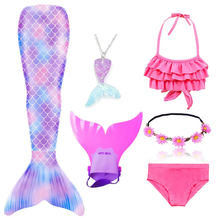 Girls Swimming Mermaid Tail Little Mermaid Costume Halloween Cosplay Swimsuit Bikini Set for Girls With Monofin Fin
