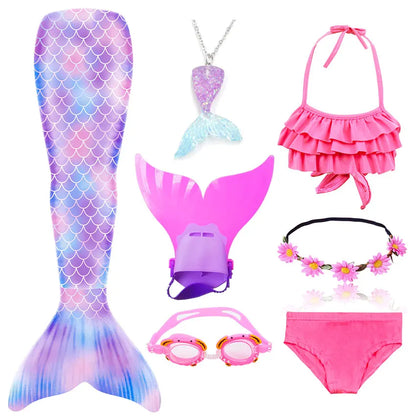 Girls Swimming Mermaid Tail Little Mermaid Costume Halloween Cosplay Swimsuit Bikini Set for Girls With Monofin Fin