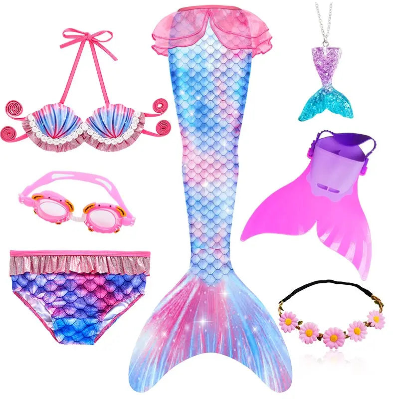 Girls Swimming Mermaid Tail Little Mermaid Costume Halloween Cosplay Swimsuit Bikini Set for Girls With Monofin Fin