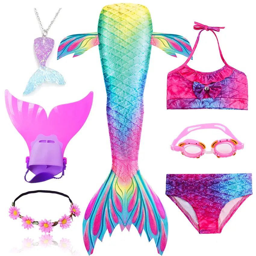 Girls Swimming Mermaid Tail Little Mermaid Costume Halloween Cosplay Swimsuit Bikini Set for Girls With Monofin Fin
