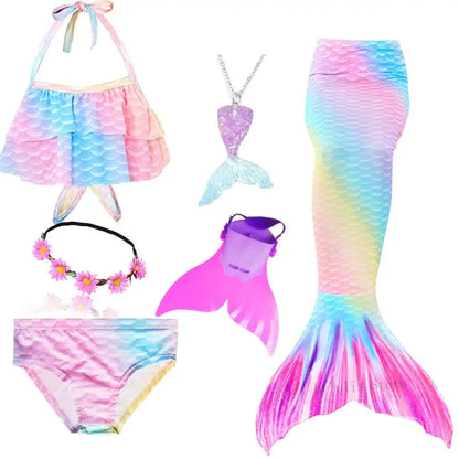 Girls Swimming Mermaid Tail Little Mermaid Costume Halloween Cosplay Swimsuit Bikini Set for Girls With Monofin Fin