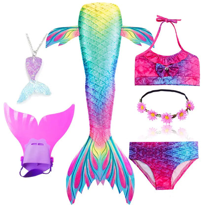 Girls Swimming Mermaid Tail Little Mermaid Costume Halloween Cosplay Swimsuit Bikini Set for Girls With Monofin Fin