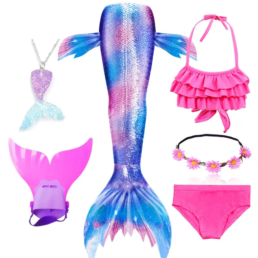 Girls Swimming Mermaid Tail Little Mermaid Costume Halloween Cosplay Swimsuit Bikini Set for Girls With Monofin Fin