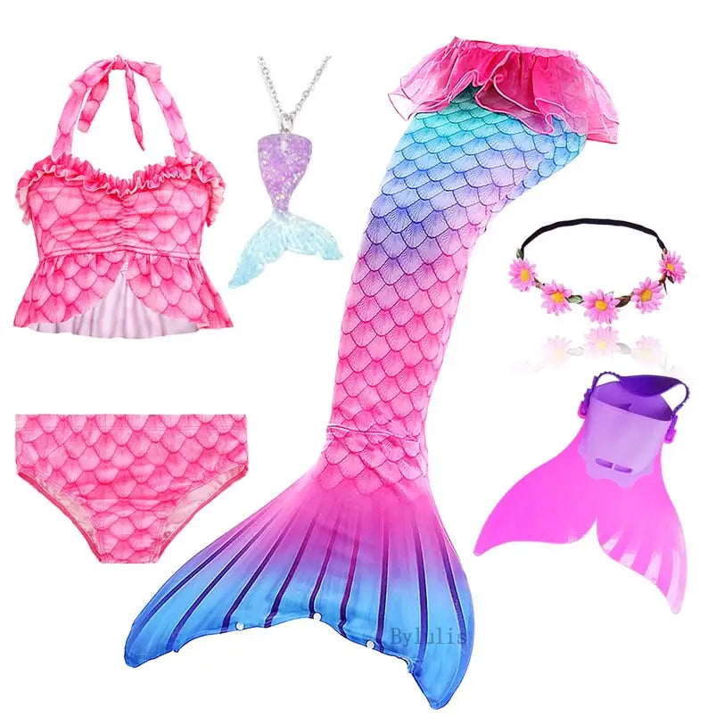 Girls Swimming Mermaid Tail Little Mermaid Costume Halloween Cosplay Swimsuit Bikini Set for Girls With Monofin Fin