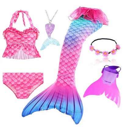 Girls Swimming Mermaid Tail Little Mermaid Costume Halloween Cosplay Swimsuit Bikini Set for Girls With Monofin Fin