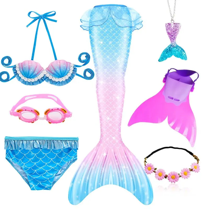 Girls Swimming Mermaid Tail Little Mermaid Costume Halloween Cosplay Swimsuit Bikini Set for Girls With Monofin Fin