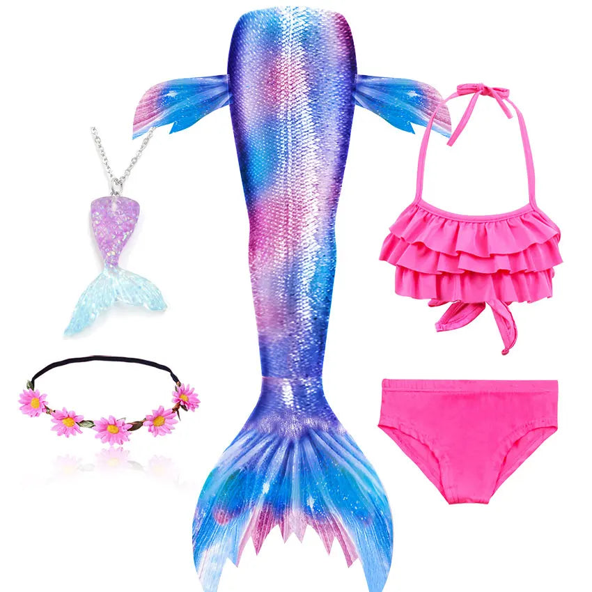 Girls Swimming Mermaid Tail Little Mermaid Costume Halloween Cosplay Swimsuit Bikini Set for Girls With Monofin Fin