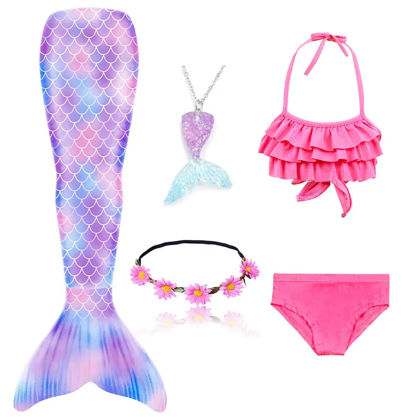 Girls Swimming Mermaid Tail Little Mermaid Costume Halloween Cosplay Swimsuit Bikini Set for Girls With Monofin Fin