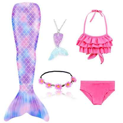 Girls Swimming Mermaid Tail Little Mermaid Costume Halloween Cosplay Swimsuit Bikini Set for Girls With Monofin Fin