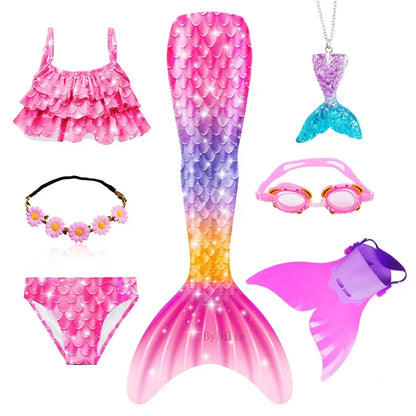 Girls Swimming Mermaid Tail Little Mermaid Costume Halloween Cosplay Swimsuit Bikini Set for Girls With Monofin Fin