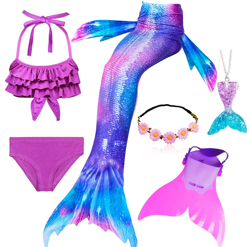 Girls Swimming Mermaid Tail Little Mermaid Costume Halloween Cosplay Swimsuit Bikini Set for Girls With Monofin Fin