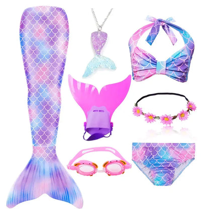 Girls Swimming Mermaid Tail Little Mermaid Costume Halloween Cosplay Swimsuit Bikini Set for Girls With Monofin Fin
