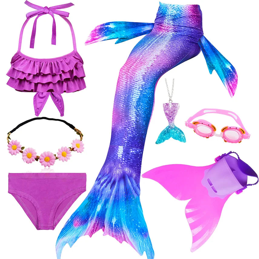 Girls Swimming Mermaid Tail Little Mermaid Costume Halloween Cosplay Swimsuit Bikini Set for Girls With Monofin Fin