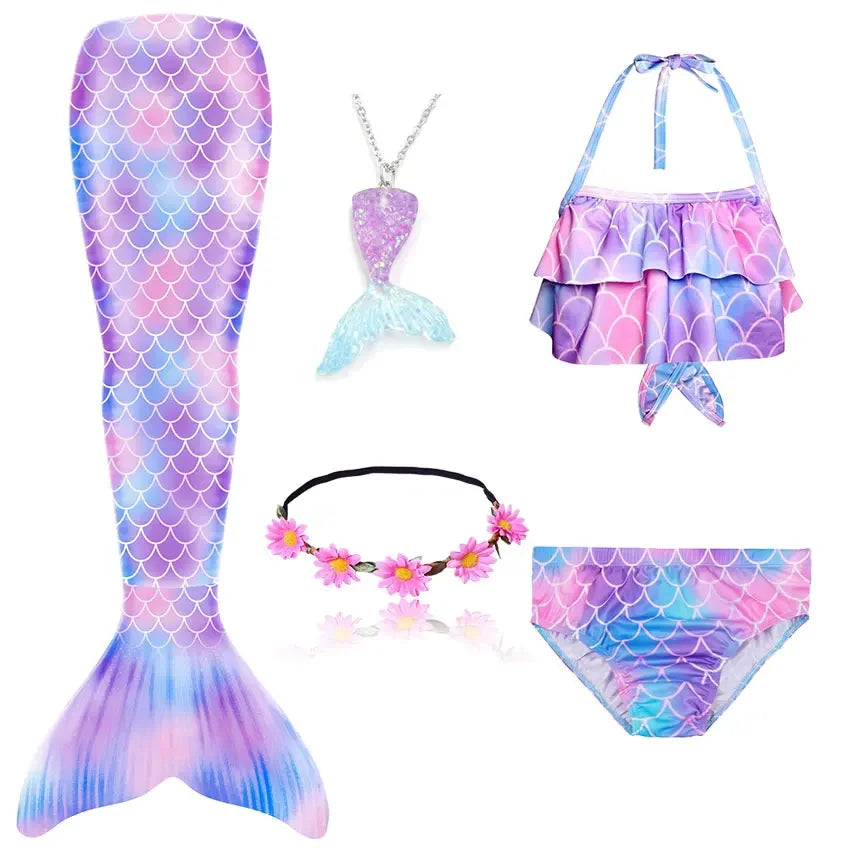 Girls Swimming Mermaid Tail Little Mermaid Costume Halloween Cosplay Swimsuit Bikini Set for Girls With Monofin Fin