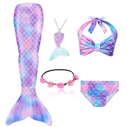 Girls Swimming Mermaid Tail Little Mermaid Costume Halloween Cosplay Swimsuit Bikini Set for Girls With Monofin Fin