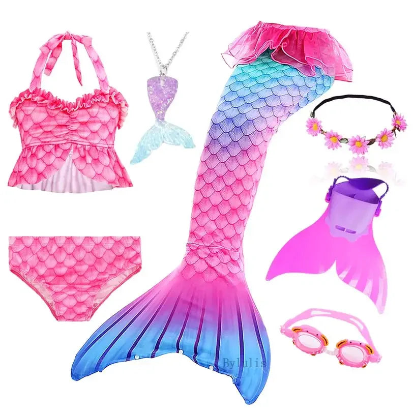 Girls Swimming Mermaid Tail Little Mermaid Costume Halloween Cosplay Swimsuit Bikini Set for Girls With Monofin Fin