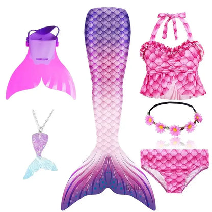 Girls Swimming Mermaid Tail Little Mermaid Costume Halloween Cosplay Swimsuit Bikini Set for Girls With Monofin Fin