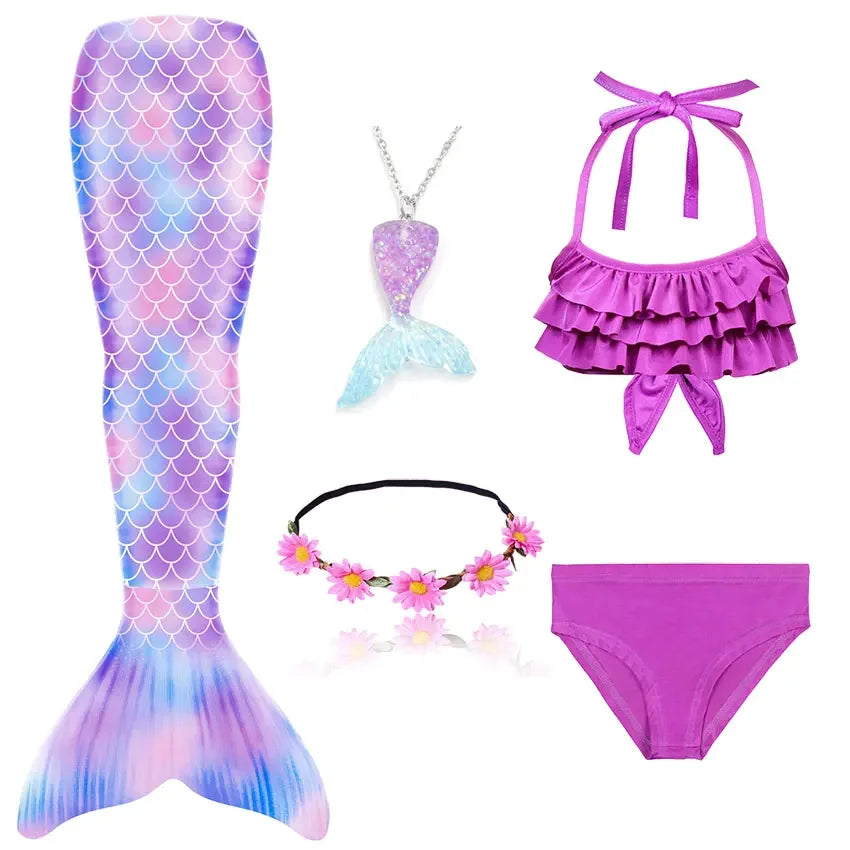Girls Swimming Mermaid Tail Little Mermaid Costume Halloween Cosplay Swimsuit Bikini Set for Girls With Monofin Fin