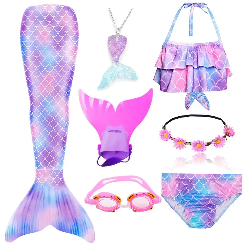 Girls Swimming Mermaid Tail Little Mermaid Costume Halloween Cosplay Swimsuit Bikini Set for Girls With Monofin Fin