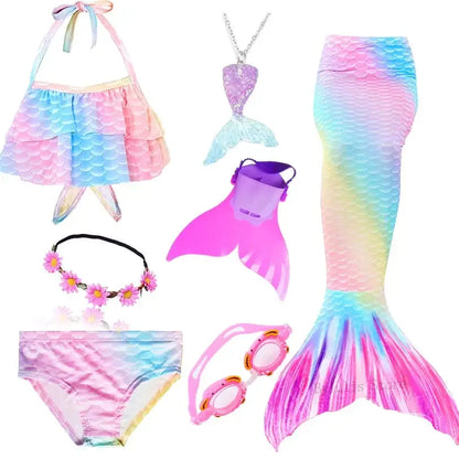 Girls Swimming Mermaid Tail Little Mermaid Costume Halloween Cosplay Swimsuit Bikini Set for Girls With Monofin Fin