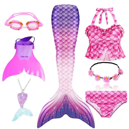 Girls Swimming Mermaid Tail Little Mermaid Costume Halloween Cosplay Swimsuit Bikini Set for Girls With Monofin Fin