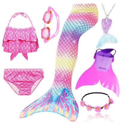 Girls Swimming Mermaid Tail Little Mermaid Costume Halloween Cosplay Swimsuit Bikini Set for Girls With Monofin Fin