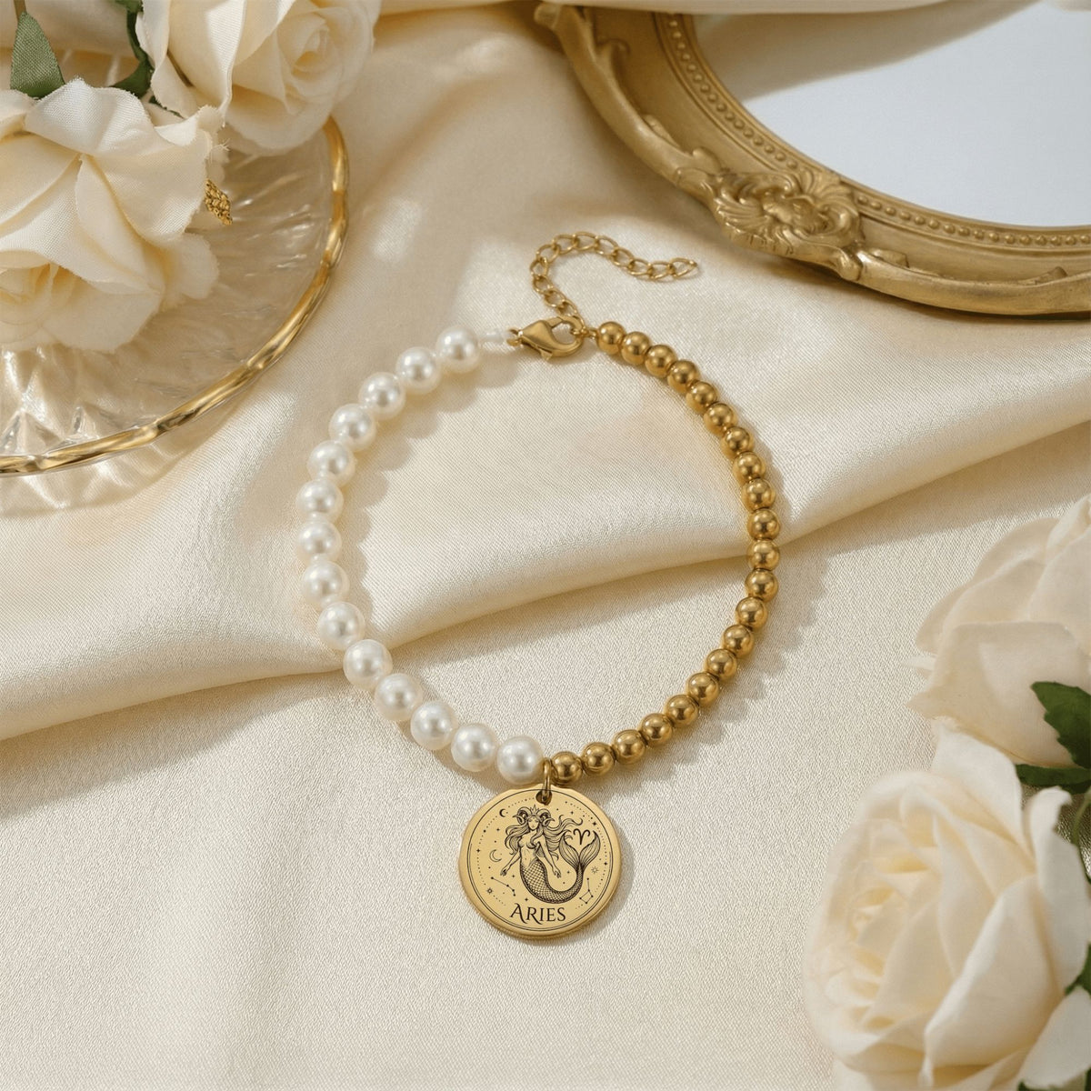 Pearl & Gold Coin Bracelet: Mermaid Zodiac
