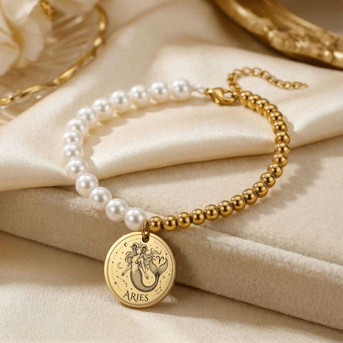 Pearl & Gold Coin Bracelet: Mermaid Zodiac
