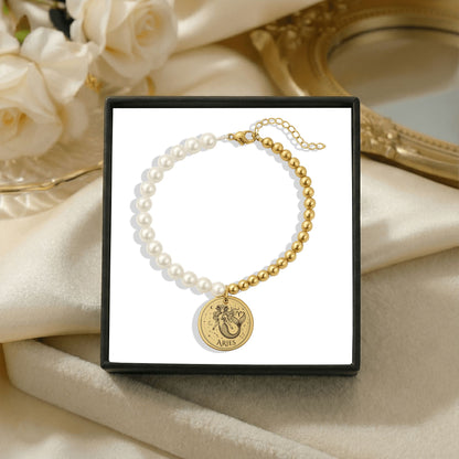 Pearl & Gold Coin Bracelet: Mermaid Zodiac