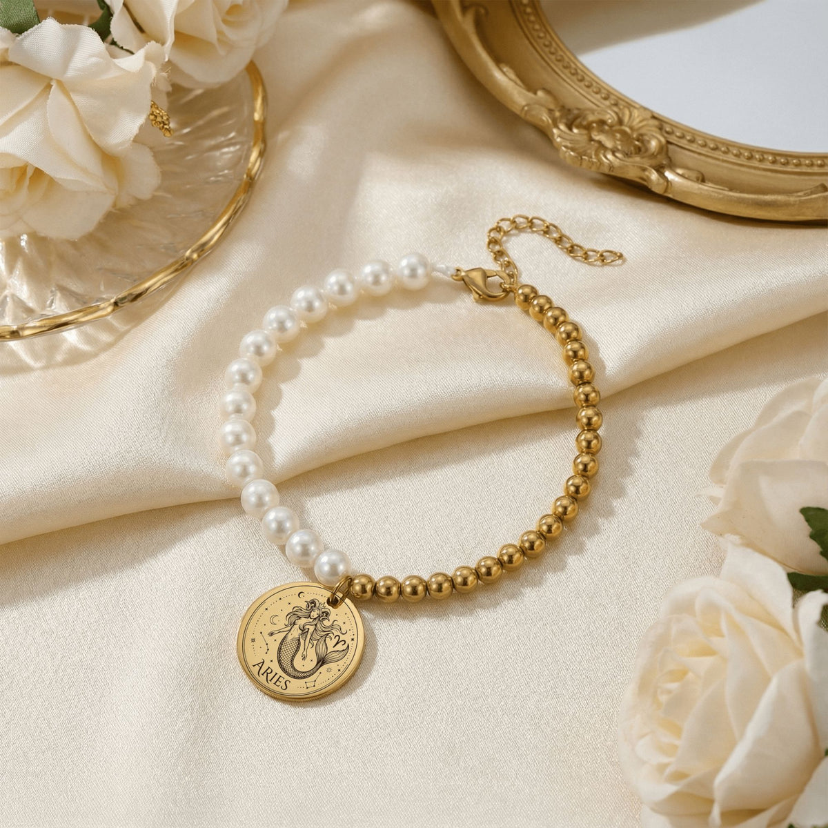 Pearl & Gold Coin Bracelet: Mermaid Zodiac