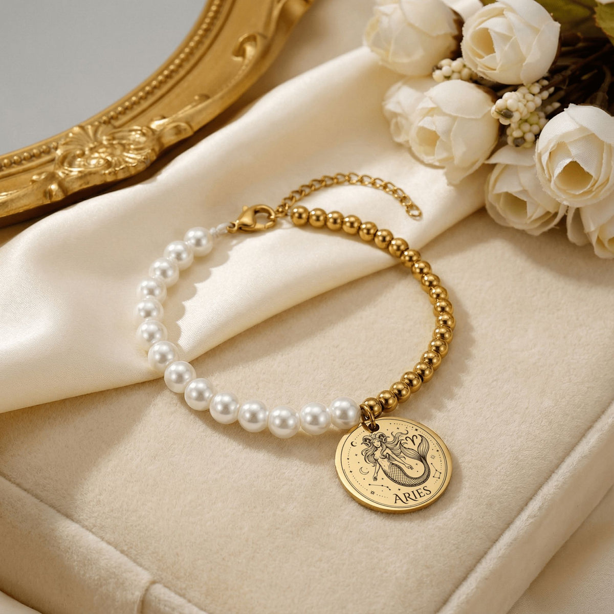 Pearl & Gold Coin Bracelet: Mermaid Zodiac